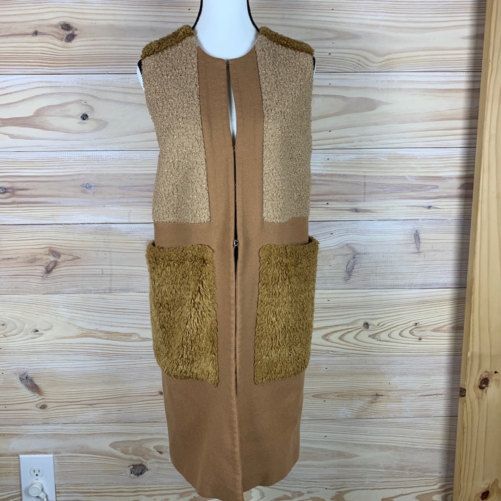 Pinko Long Gilet Vest Women 2 UK 6 Wool Tan Teddy Faux Fur Zaccheo Italy